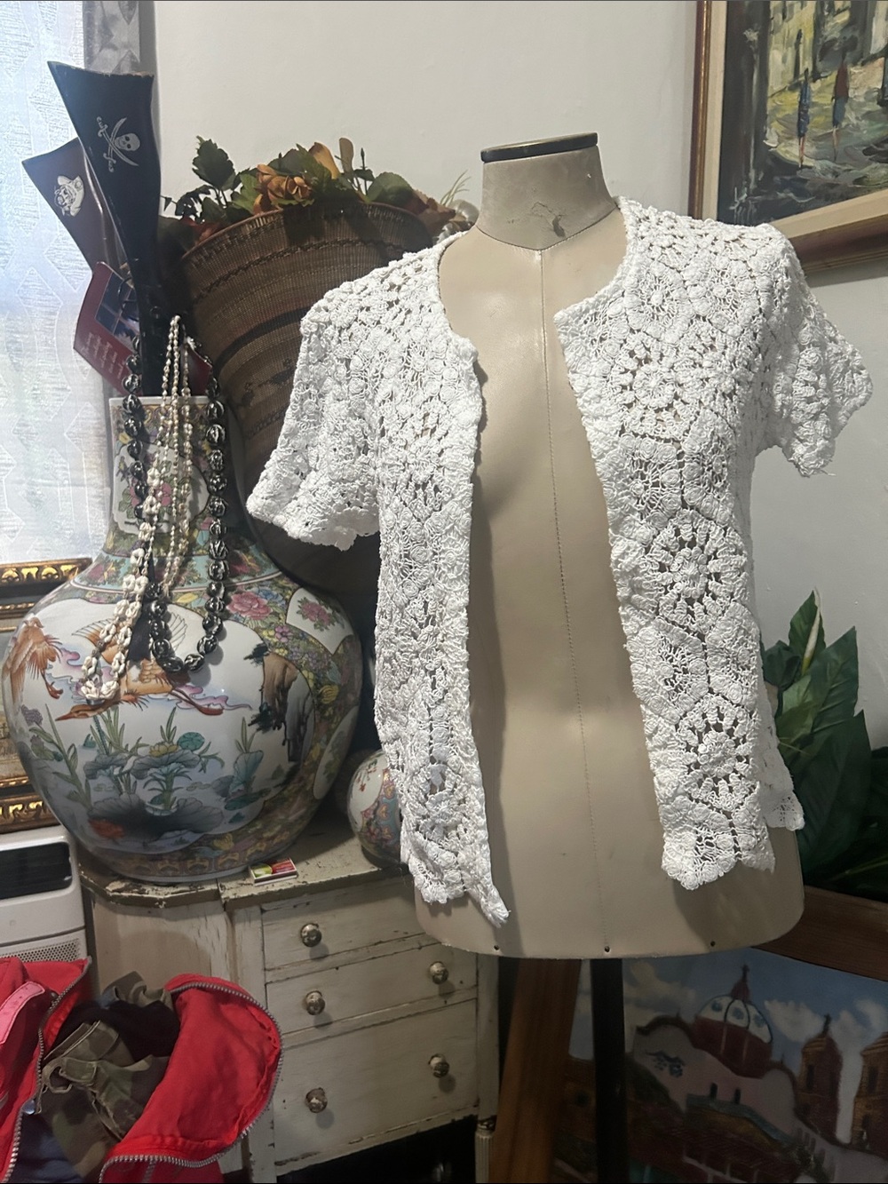White Crochet Short-Sleeve Open Cardigan - Women